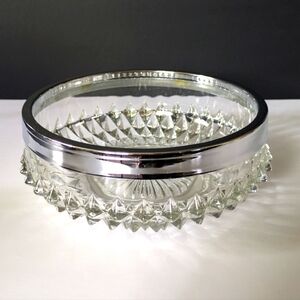 Vintage Glass Fruit Bowl Diamond Point Silver Colour Chrome Rim